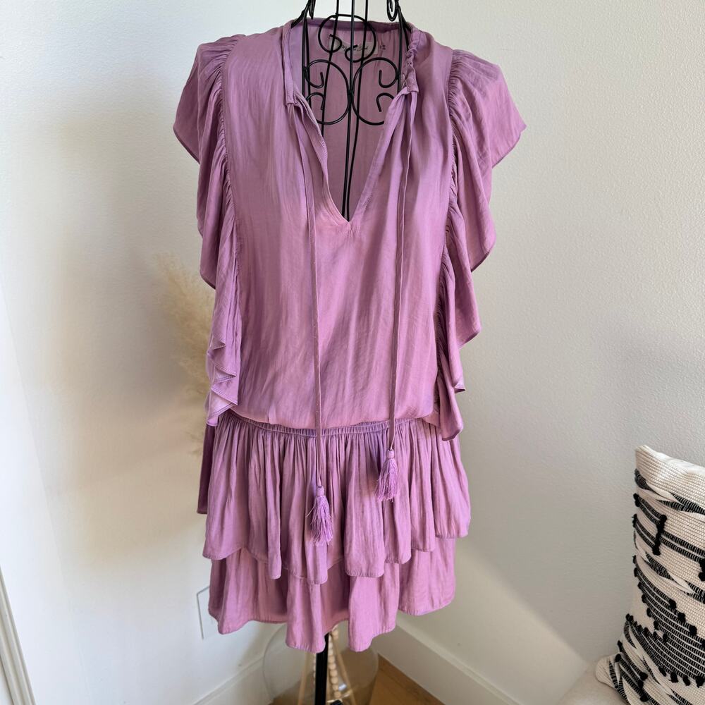 Mustard Seed Purple Ruffle Tiered Boho Satin Mini Dress Small